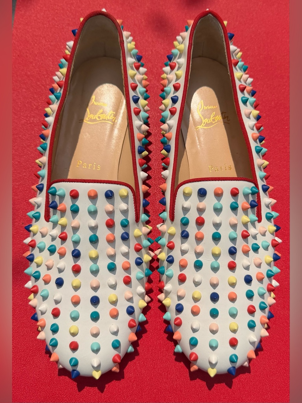 EU 41 Christian Louboutin White Multicolor Spike-Embellished Loafers